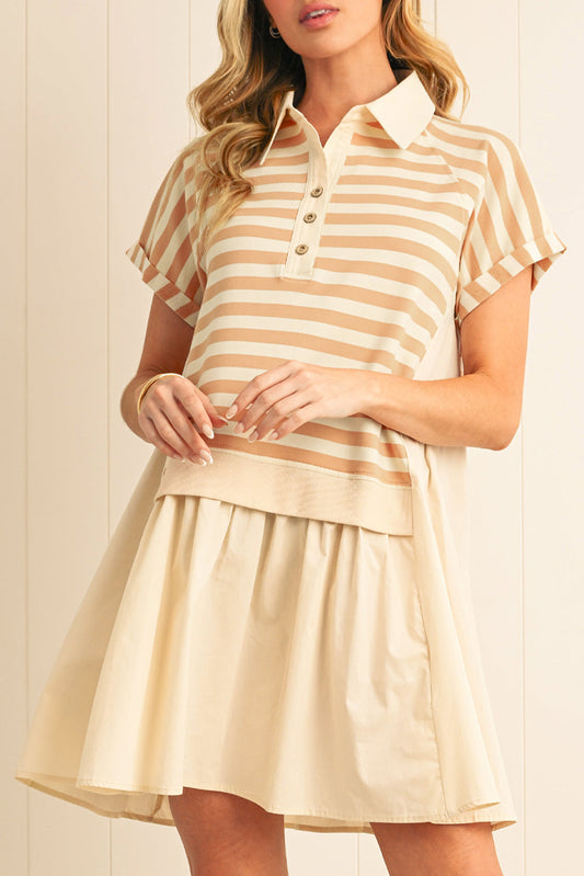 Khaki Striped Patchwork Short Sleeve Collared Mini Dress