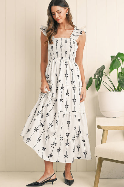 Black Bow Print Smocked Ruffle High Waist Maxi Dress