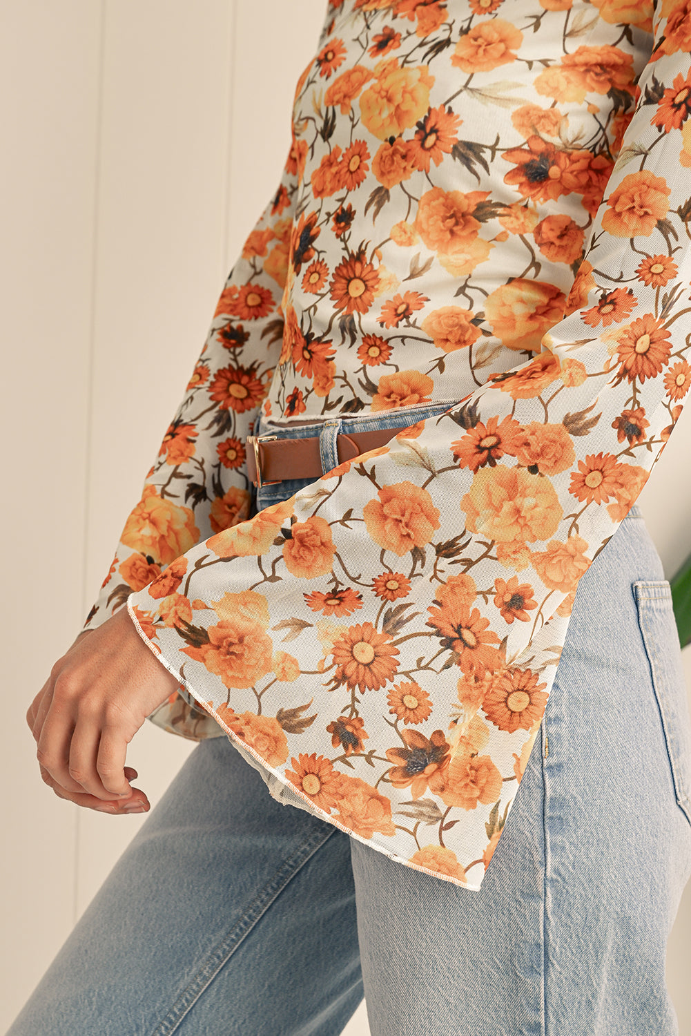 Orange Floral Print Bell Sleeve Mock Neck Scallop Trim Blouse