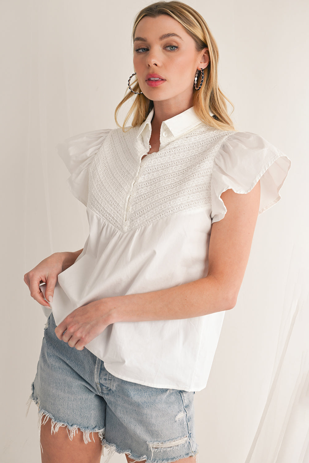 White Crochet Patchwork Ruffle Sleeve Blouse