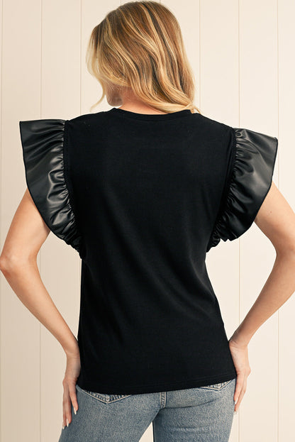 Cinnamon Leather Ruffle Shoulder Blouse