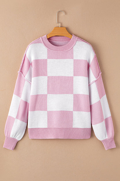 Khaki Plaid Bishop Sleeve Pullover Sweater