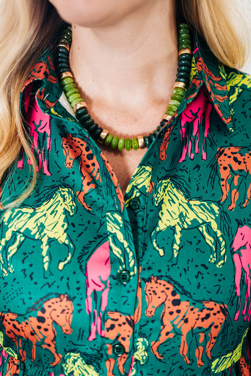 Green Horse Print Long Sleeve Collared Button Plus Size Midi Dress