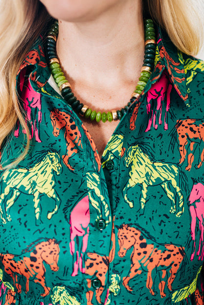 Green Horse Print Long Sleeve Collared Button Plus Size Midi Dress