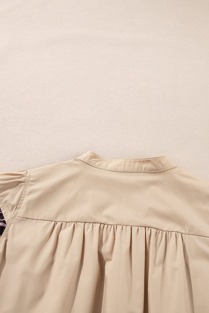Smoke Gray Leopard Frill Detail V Neck Blouse