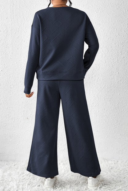 Dark Khaki Textured Loose Slouchy Long Sleeve Top and Pants Set