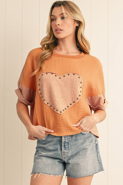 Desert Gold Stud Heart Patch Textured Dolman Top