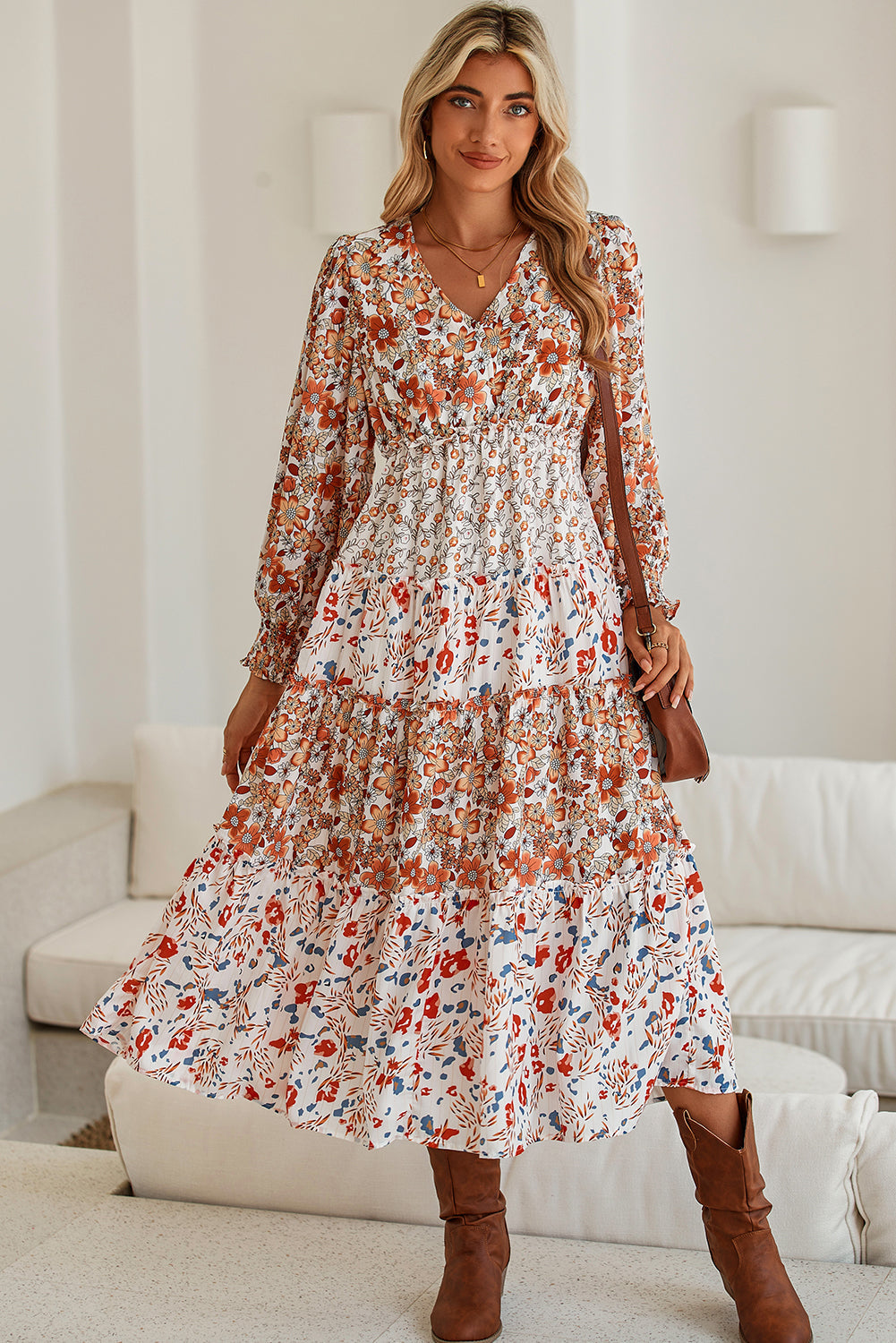 Khaki Floral Print Ruffled Tiered Long Sleeve V Neck Midi Dress
