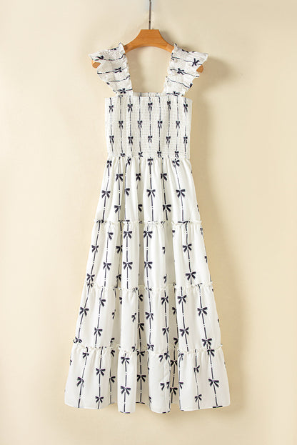 Black Bow Print Smocked Ruffle High Waist Maxi Dress