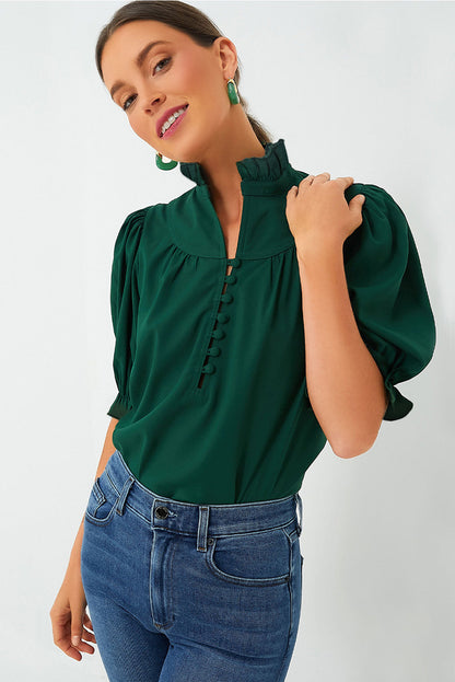 Blackish Green Plain Puff Sleeve Frill Trim Blouse