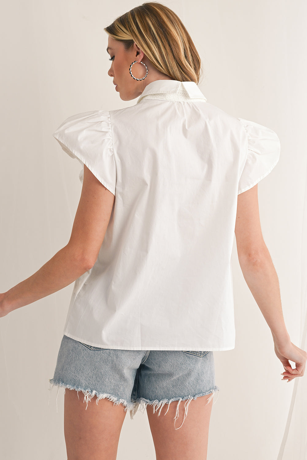 White Crochet Patchwork Ruffle Sleeve Blouse