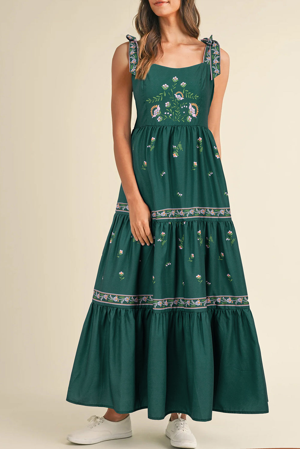 Blackish Green Boho Floral Print Sleeveless Dress