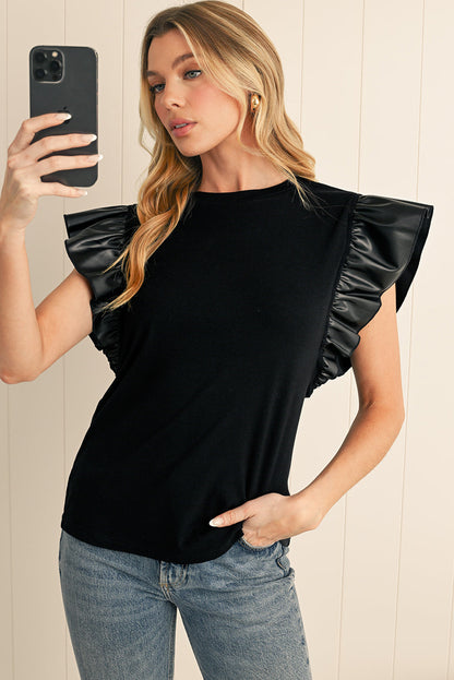 Cinnamon Leather Ruffle Shoulder Blouse