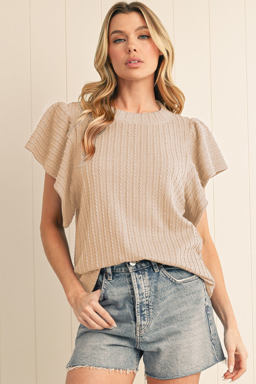 Moonlight Jade Solid Color Textured Ruffle Short Sleeve Knit Top