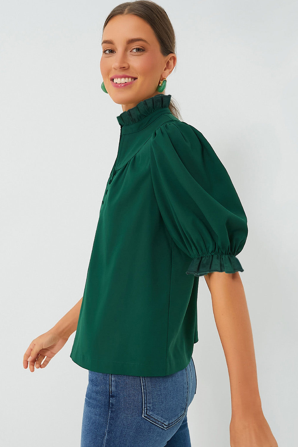 Blackish Green Plain Puff Sleeve Frill Trim Blouse