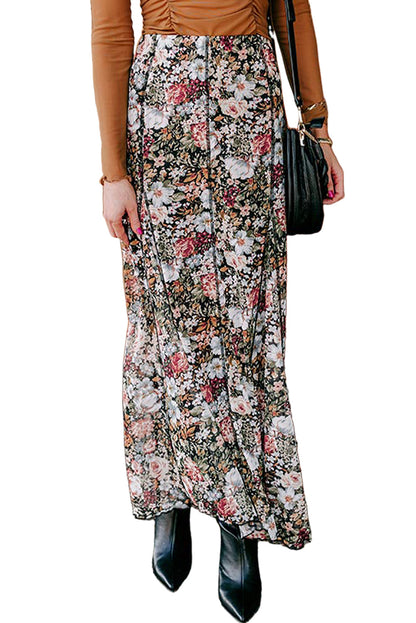 Brown Allover Floral Print Bohemian High Waist Maxi Skirt
