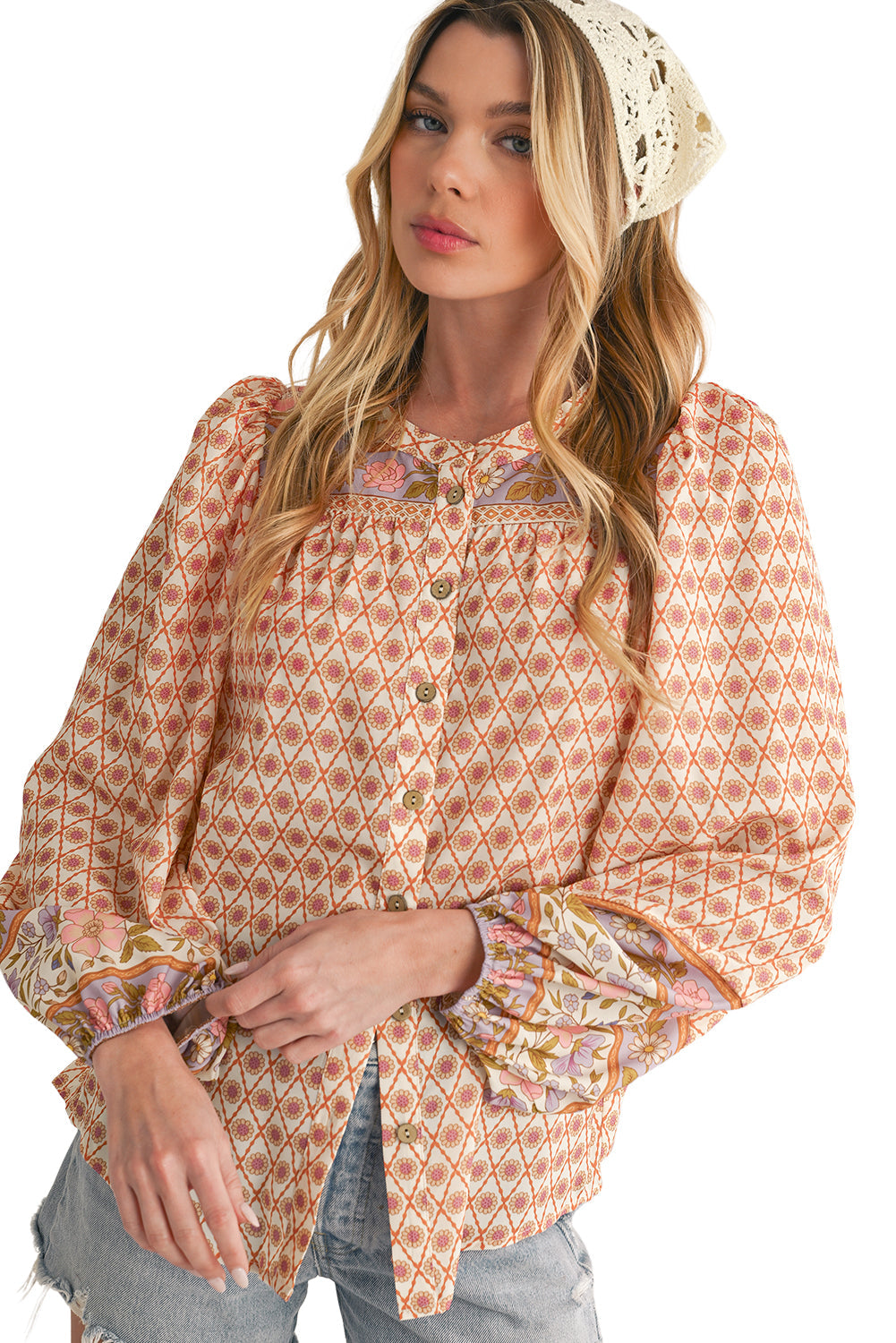Multicolour Boho Floral Puff Sleeve V-Neck Button Blouse