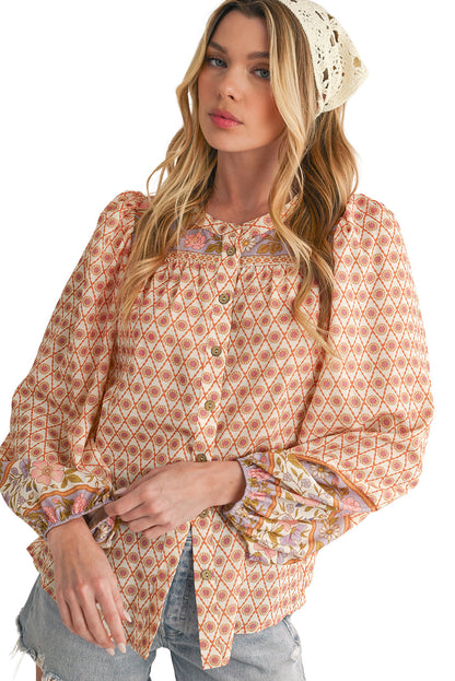 Multicolour Boho Floral Puff Sleeve V-Neck Button Blouse