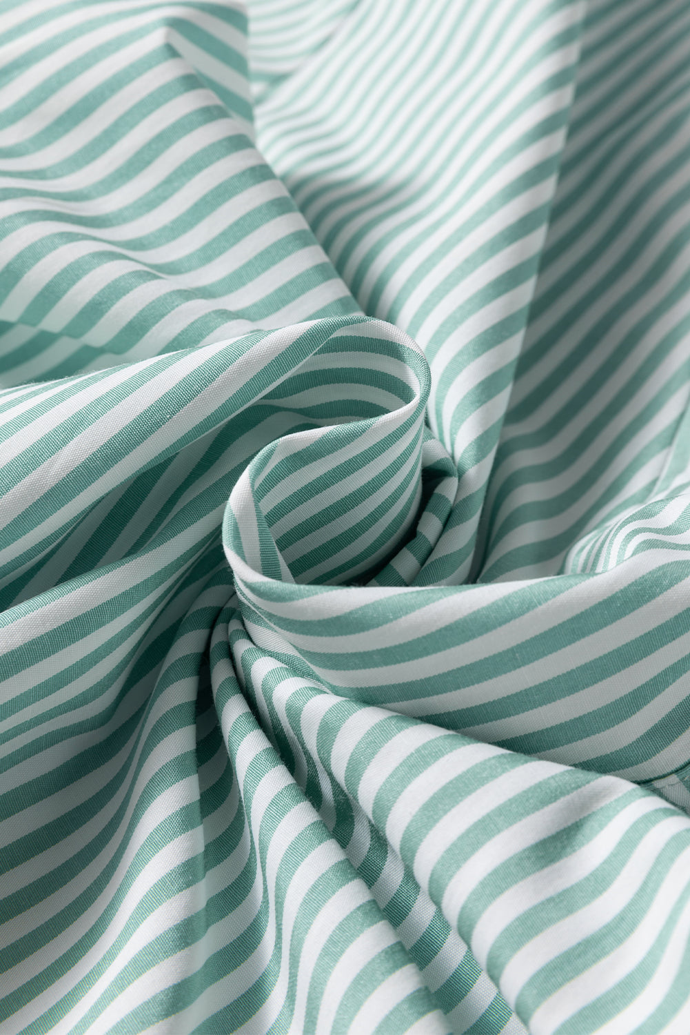 Green Stripe V Neck Pocket Roll-Up Sleeve Shirt