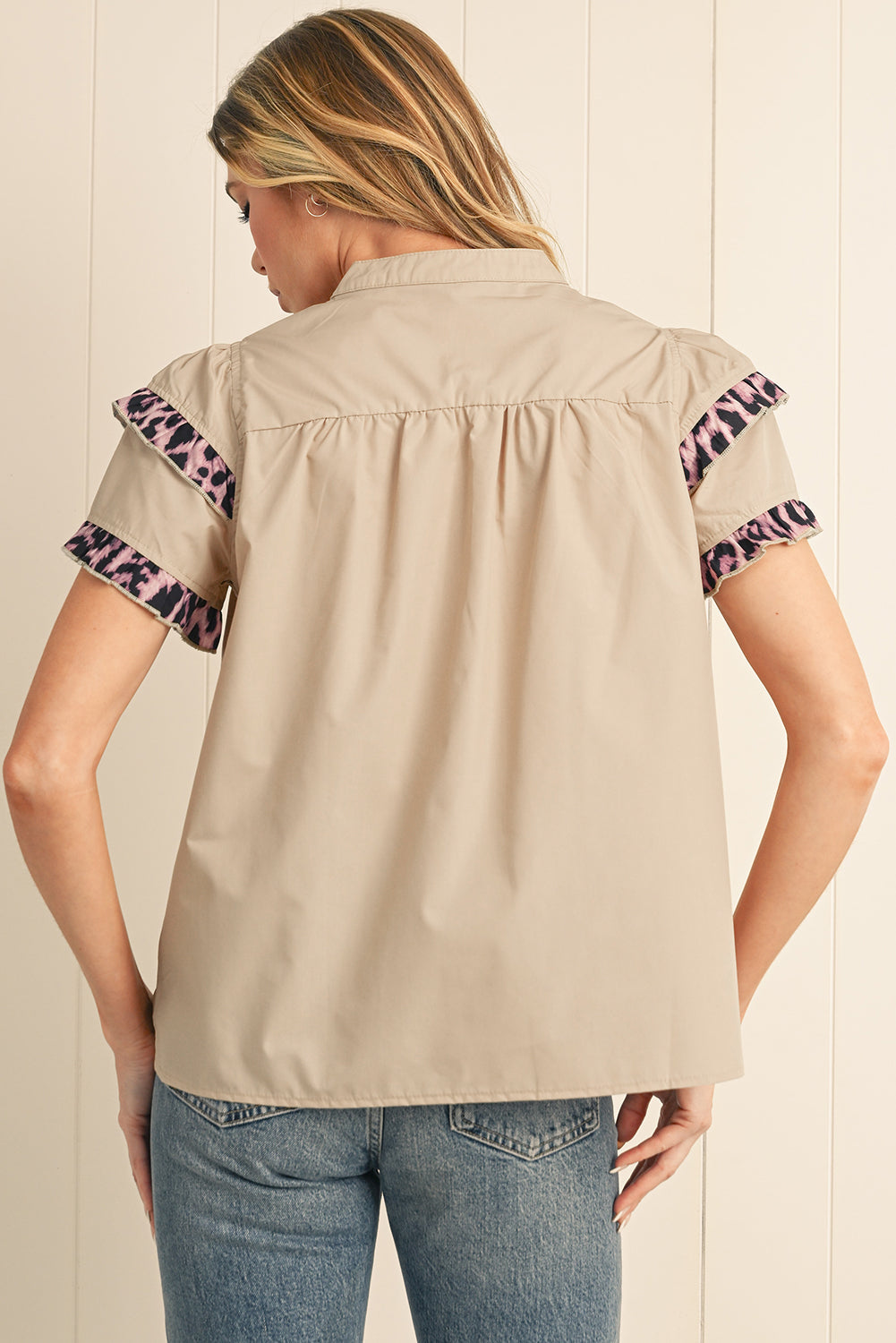 Smoke Gray Leopard Frill Detail V Neck Blouse