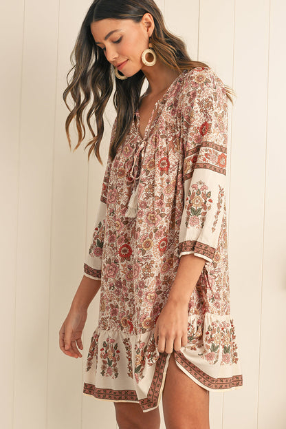 Apricot Floral Print Tassel Drawstring V Neck Loose Mini Dress