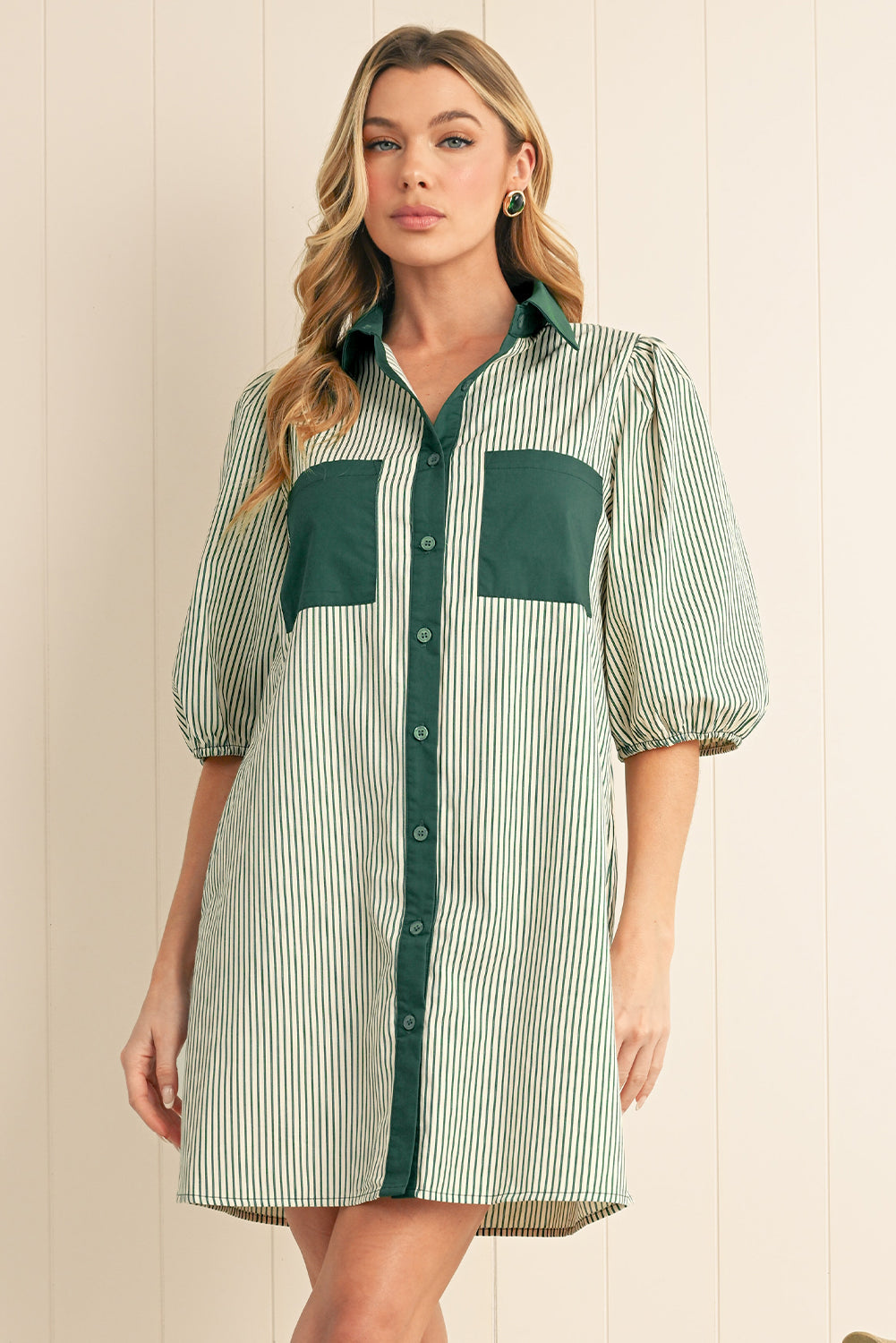 Green Patch Pockets Button Down Short Puff Sleeve Dress