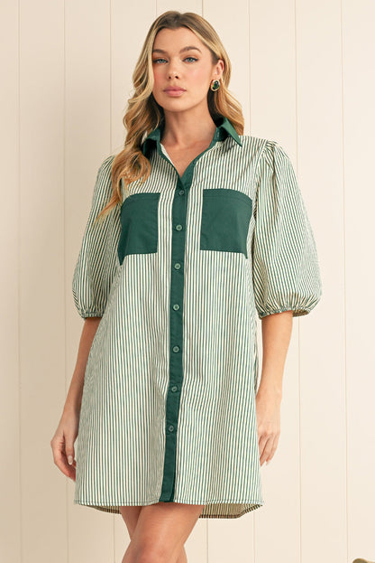 Green Patch Pockets Button Down Short Puff Sleeve Dress