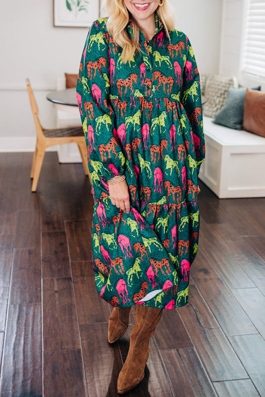 Green Horse Print Long Sleeve Collared Button Plus Size Midi Dress