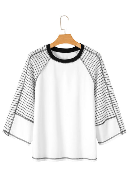 Black Striped Raglan Sleeve Patchwork Top