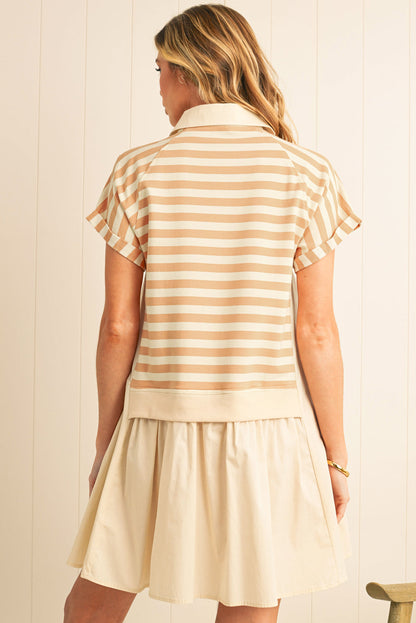 Khaki Striped Patchwork Short Sleeve Collared Mini Dress