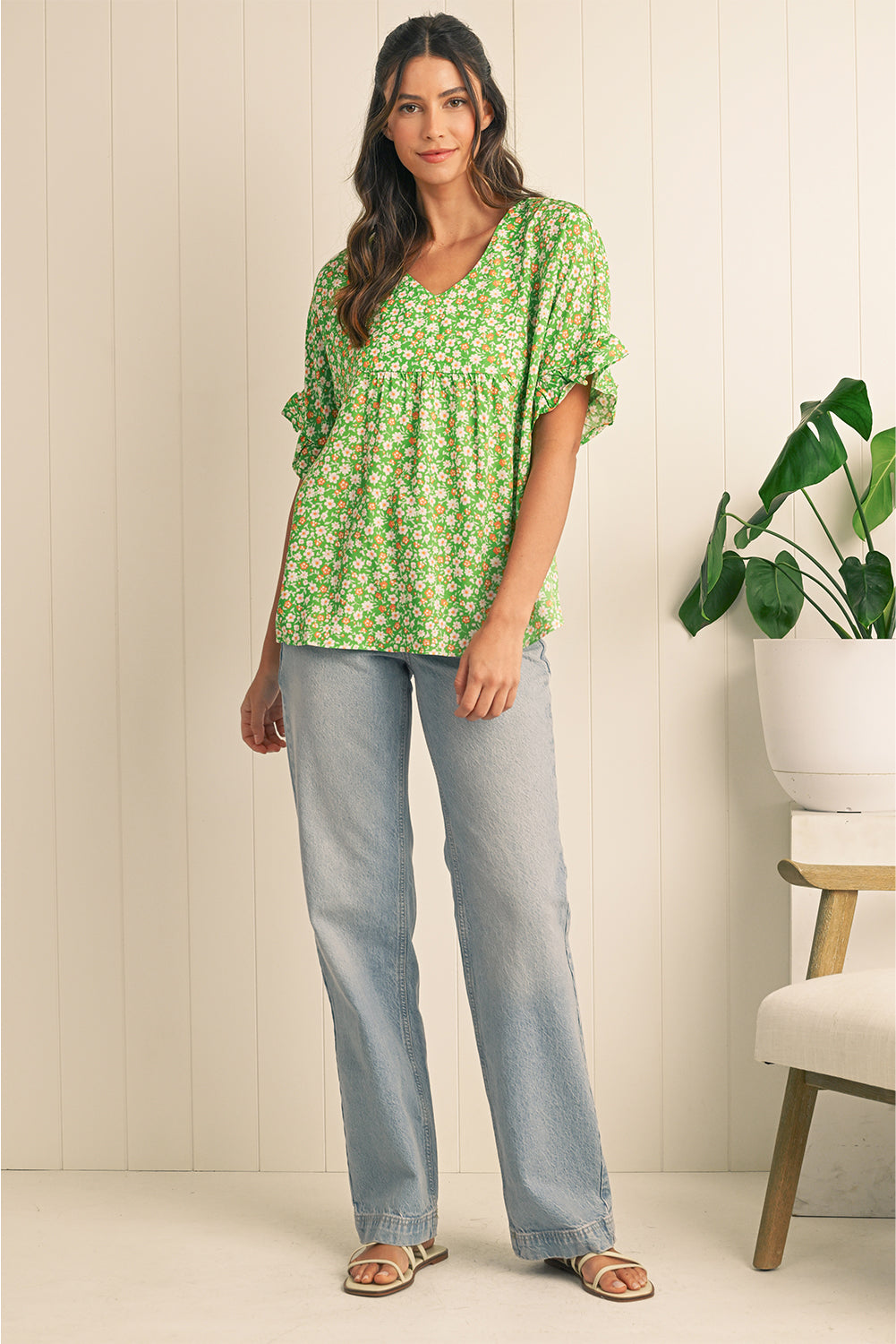 Green Floral Print Ruffle Sleeve V Neck Pleated Blouse