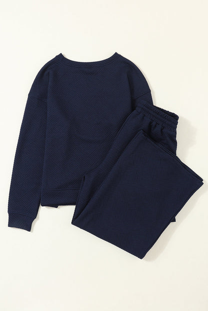 Dark Khaki Textured Loose Slouchy Long Sleeve Top and Pants Set