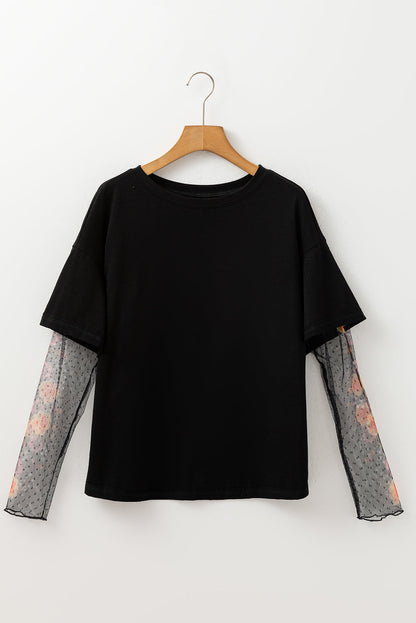 White Floral Mesh Patchwork Sleeve Fake Two-Piece Top