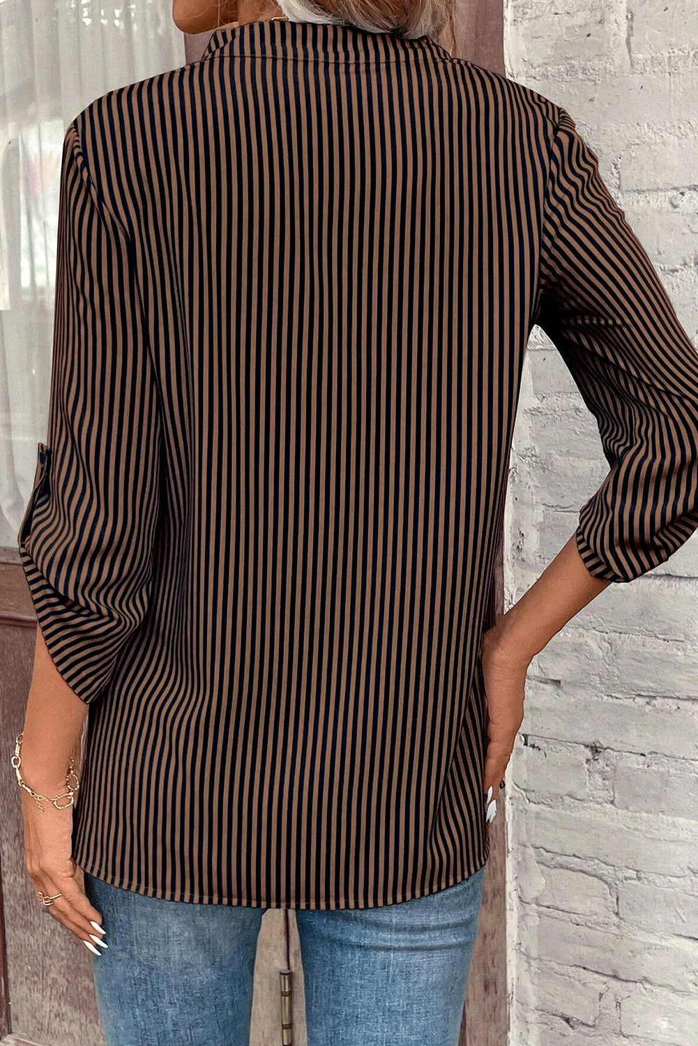 Green Stripe V Neck Pocket Roll-Up Sleeve Shirt