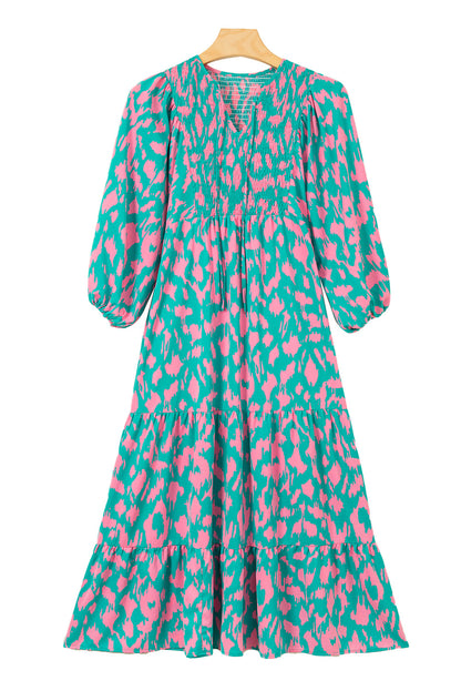 Green Abstract Print Puff Sleeve Smocked V Neck Maxi Dress