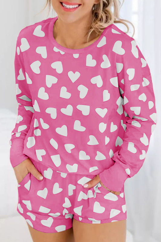 Black Heart Shape Print Long Sleeve Top and Shorts Loungewear Set