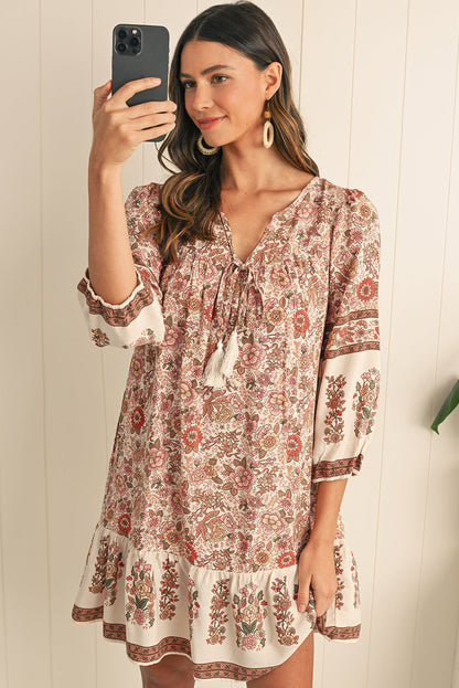 Apricot Floral Print Tassel Drawstring V Neck Loose Mini Dress