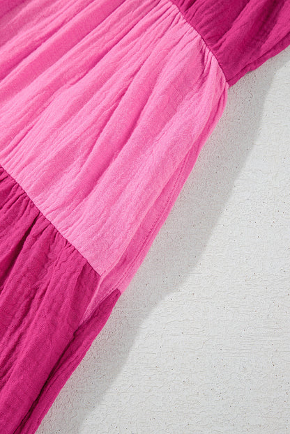 Pink Crinkled Colorblock Patchwork Tiered Mini Dress