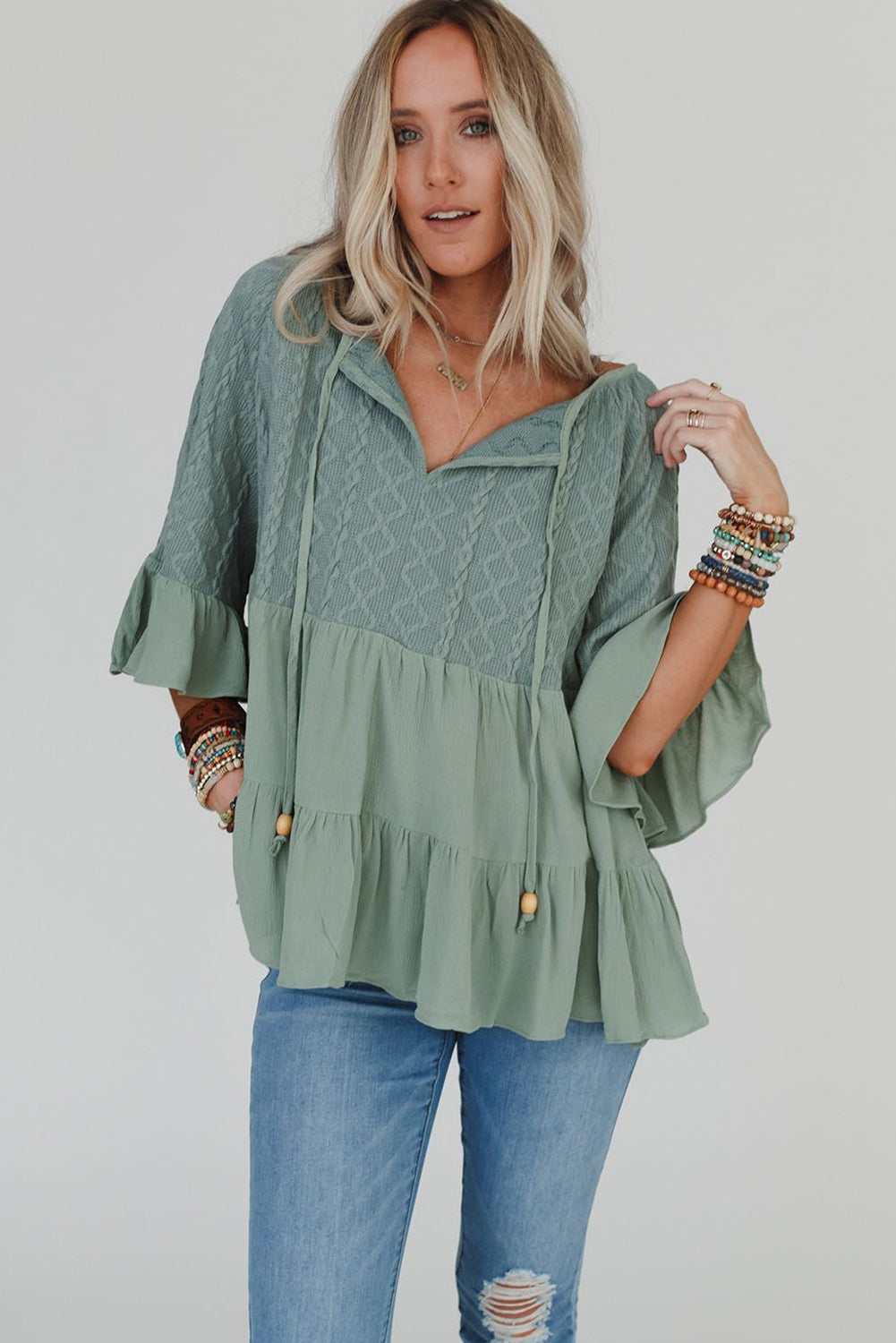 Laurel Green Tie Split Neck Textured Ruffle Patchwork Blouse