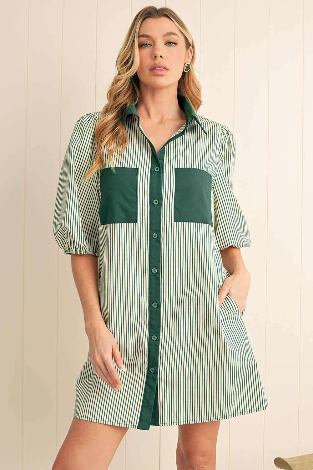 Green Patch Pockets Button Down Short Puff Sleeve Dress