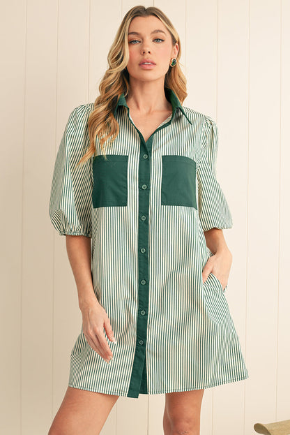 Green Patch Pockets Button Down Short Puff Sleeve Dress