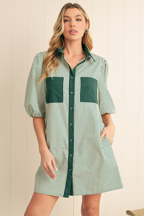 Green Patch Pockets Button Down Short Puff Sleeve Dress