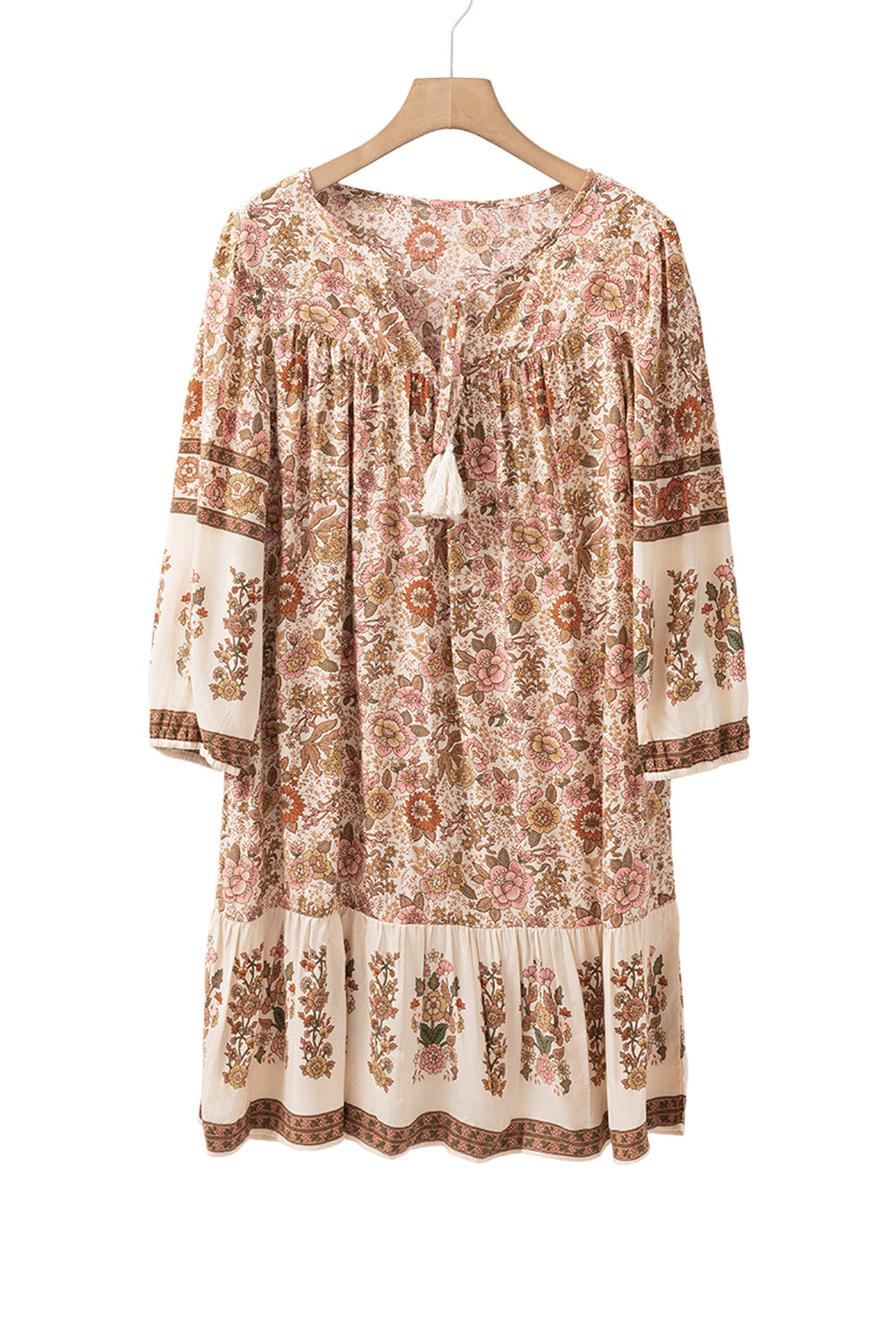 Apricot Floral Print Tassel Drawstring V Neck Loose Mini Dress