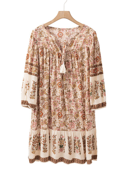 Apricot Floral Print Tassel Drawstring V Neck Loose Mini Dress