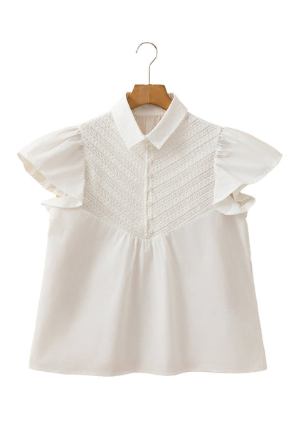 White Crochet Patchwork Ruffle Sleeve Blouse