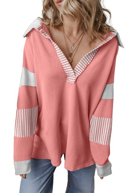 Dark Blue Striped Patchwork Collar Sweatshirt