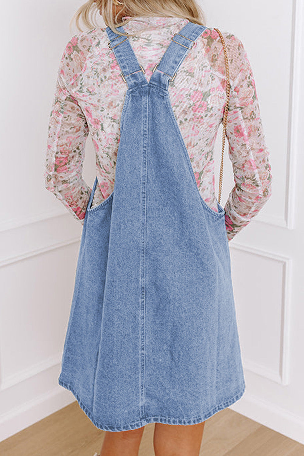 Dusk Blue Wide Strap Button Front Pocketed Denim Short Dress