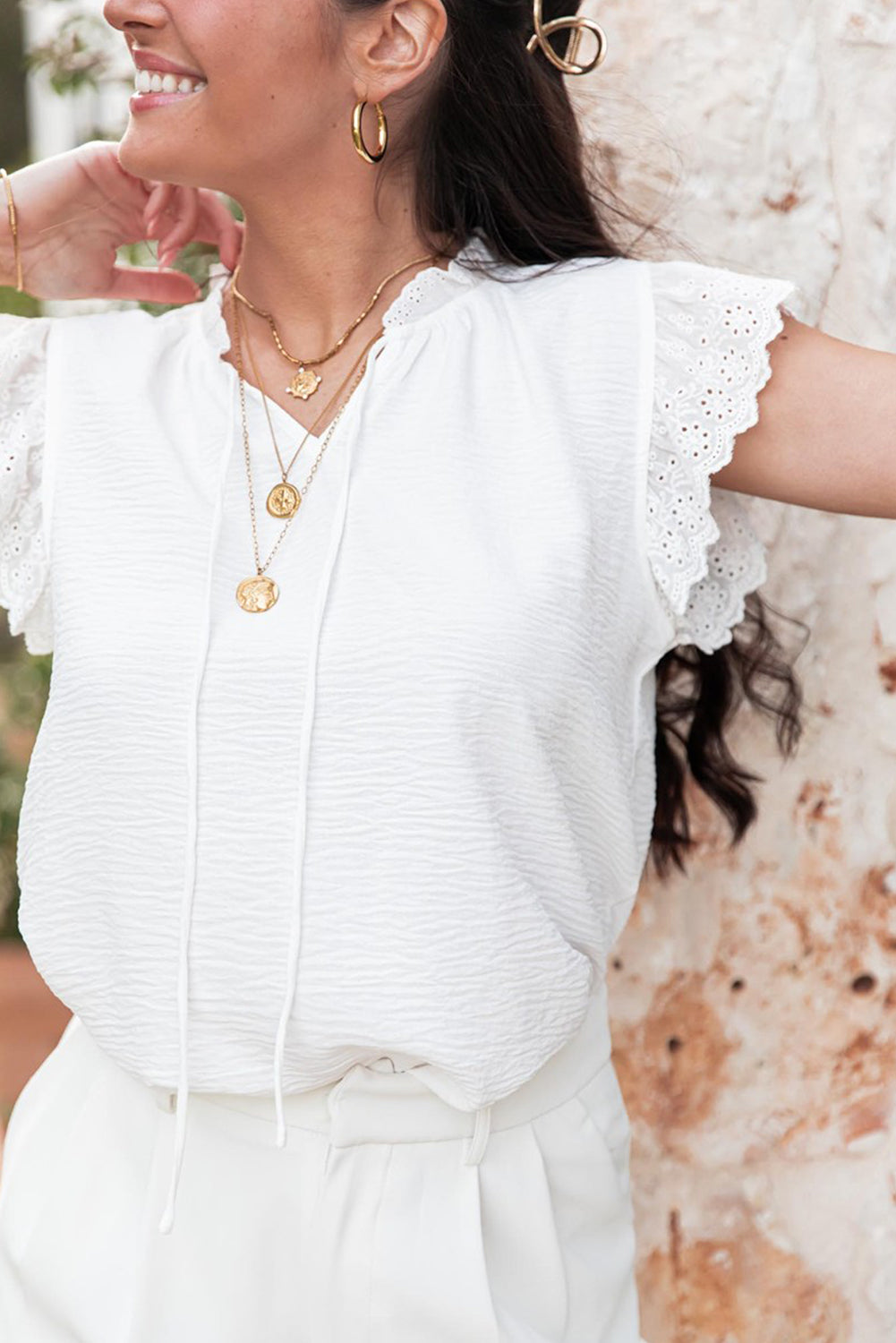 White Embroidered Ruffle Trim Crinkle Blouse