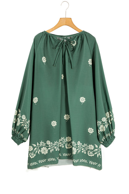 Mist Green Boho Floral V Neck Mini Dress