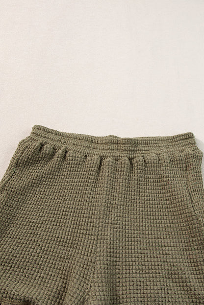 Beige Fringe Trim Waffle Knit Textured Shorts Set
